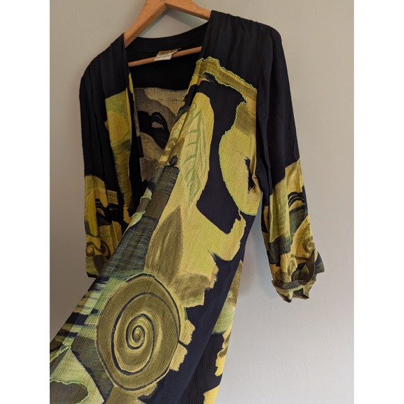 Midnight Velvet Sweaters - Vintage 90s/Y2K Abstract Art Print Beaded Duster Green M Lagenlook Artistic